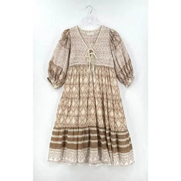 DAUGHTERS OF INDIA Jasmine Midi Dress Women Small White Brown Block Print Cotton - Picture 5 of 16